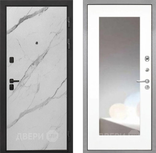 Входная металлическая Дверь Интекрон (INTECRON) Профит Black Мрамор Арктик ФЛЗ-120-М Зеркало Белый матовый